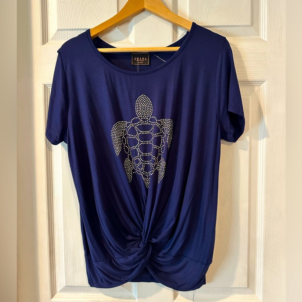 Women's Navy Tee with Rhinestone Turtle design. NWT 
X-large.